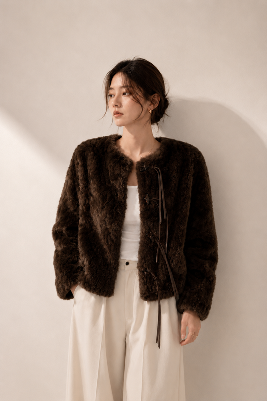 Leather Tie Faux Fur Jacket