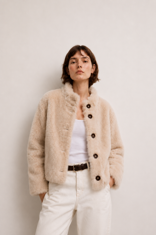 Ruffle Trim Faux Fur Jacket