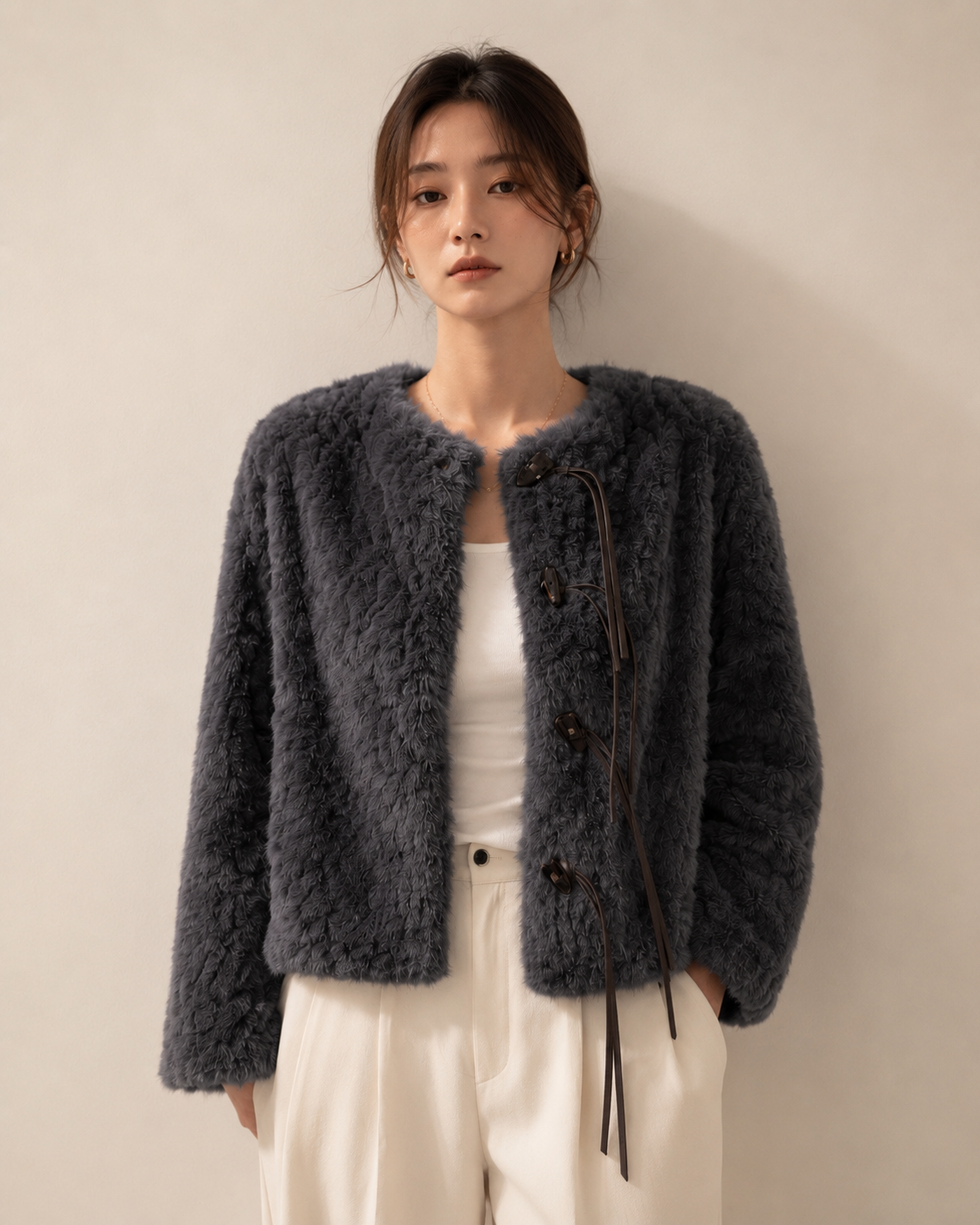Leather Tie Faux Fur Jacket