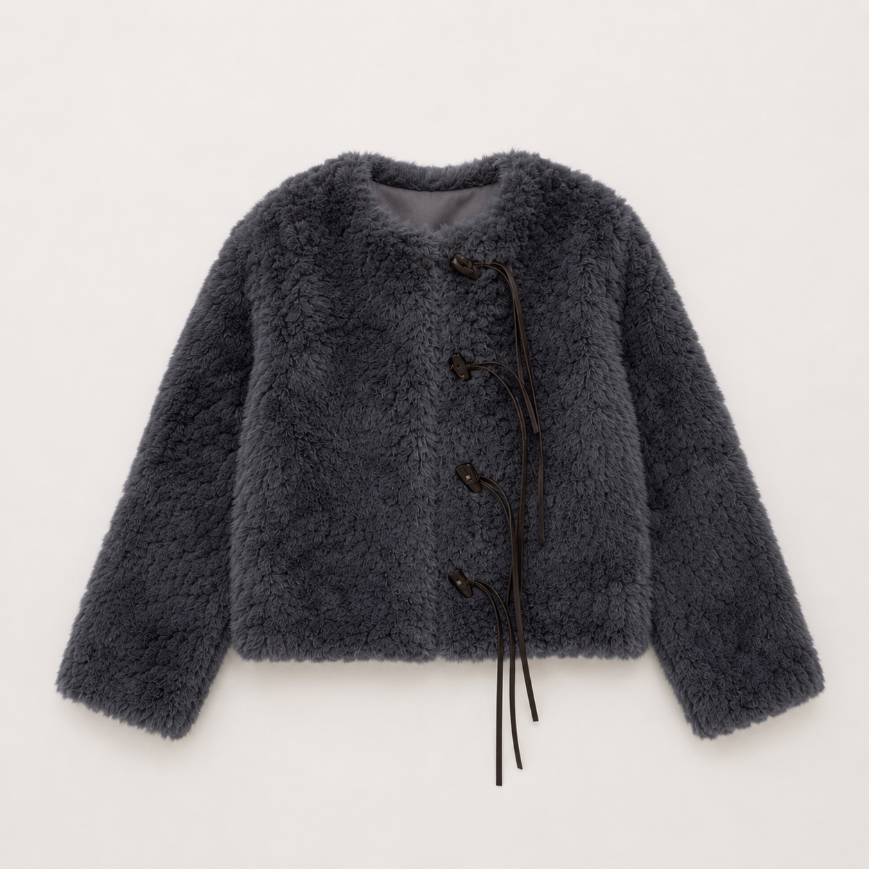 Leather Tie Faux Fur Jacket