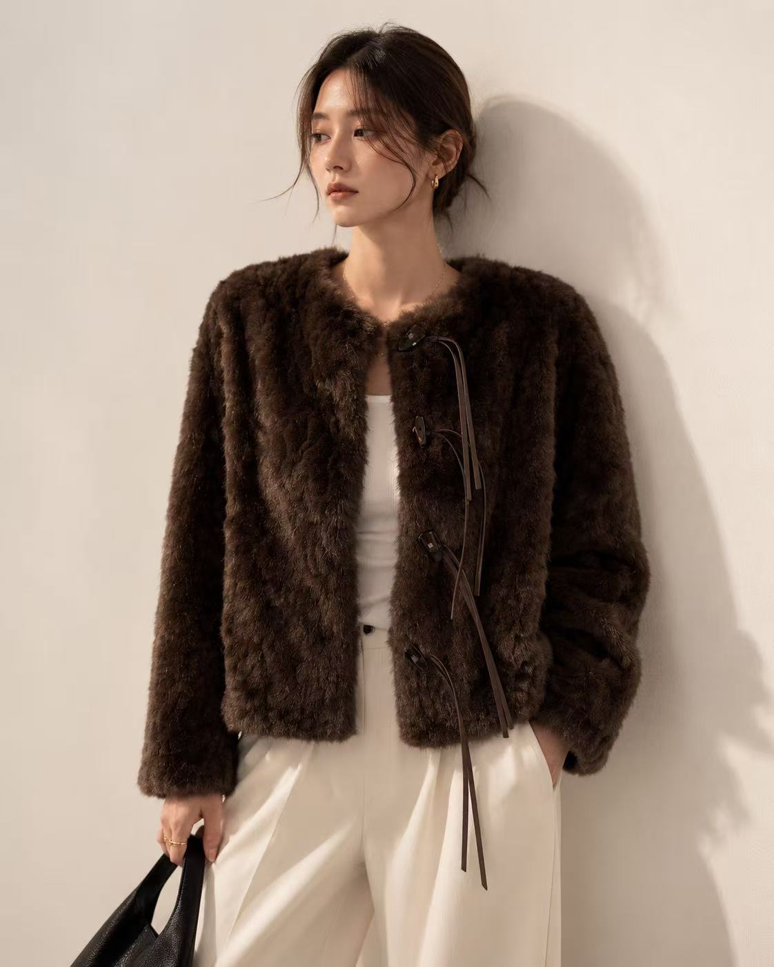 Leather Tie Faux Fur Jacket