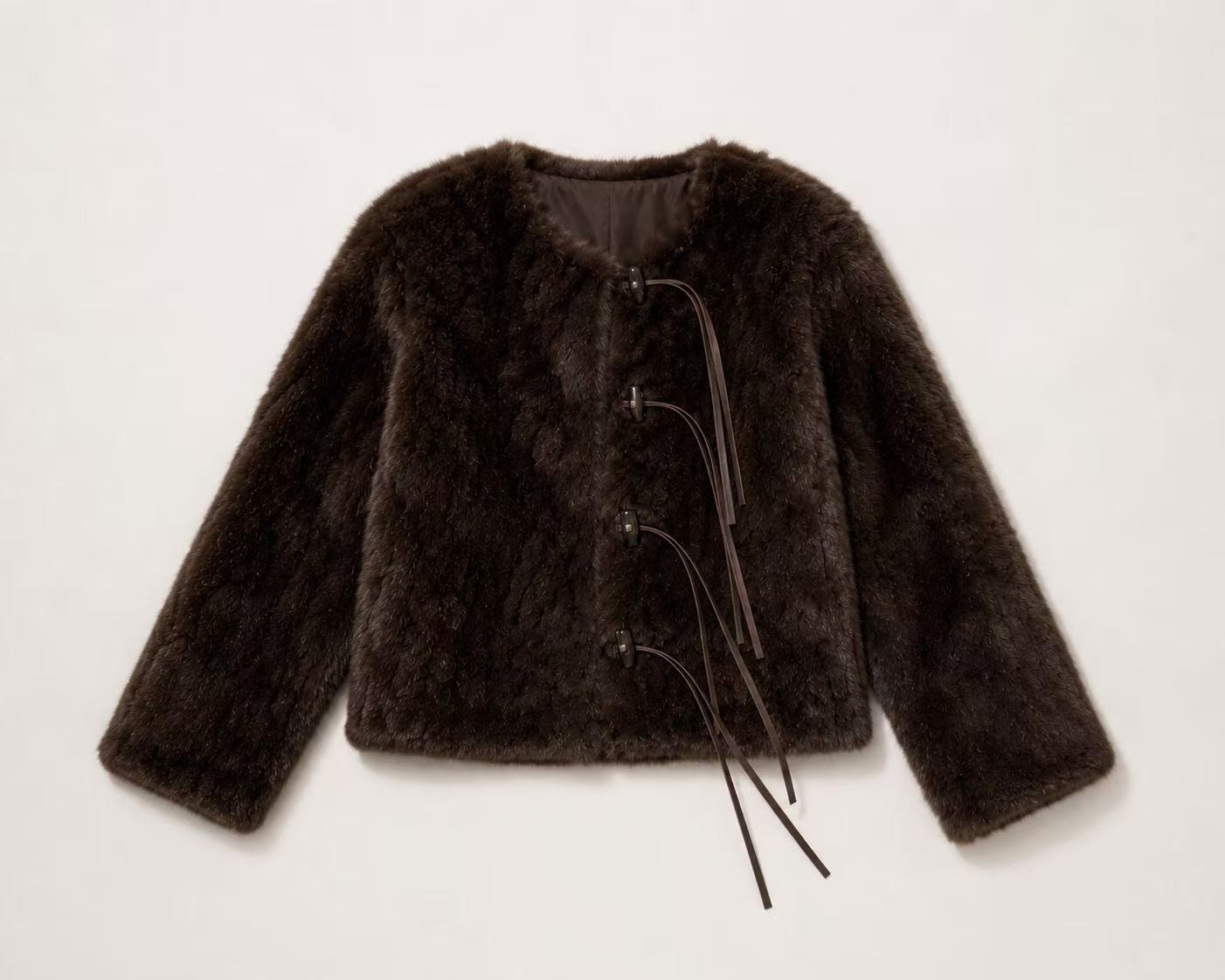 Leather Tie Faux Fur Jacket