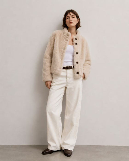 Ruffle Trim Faux Fur Jacket