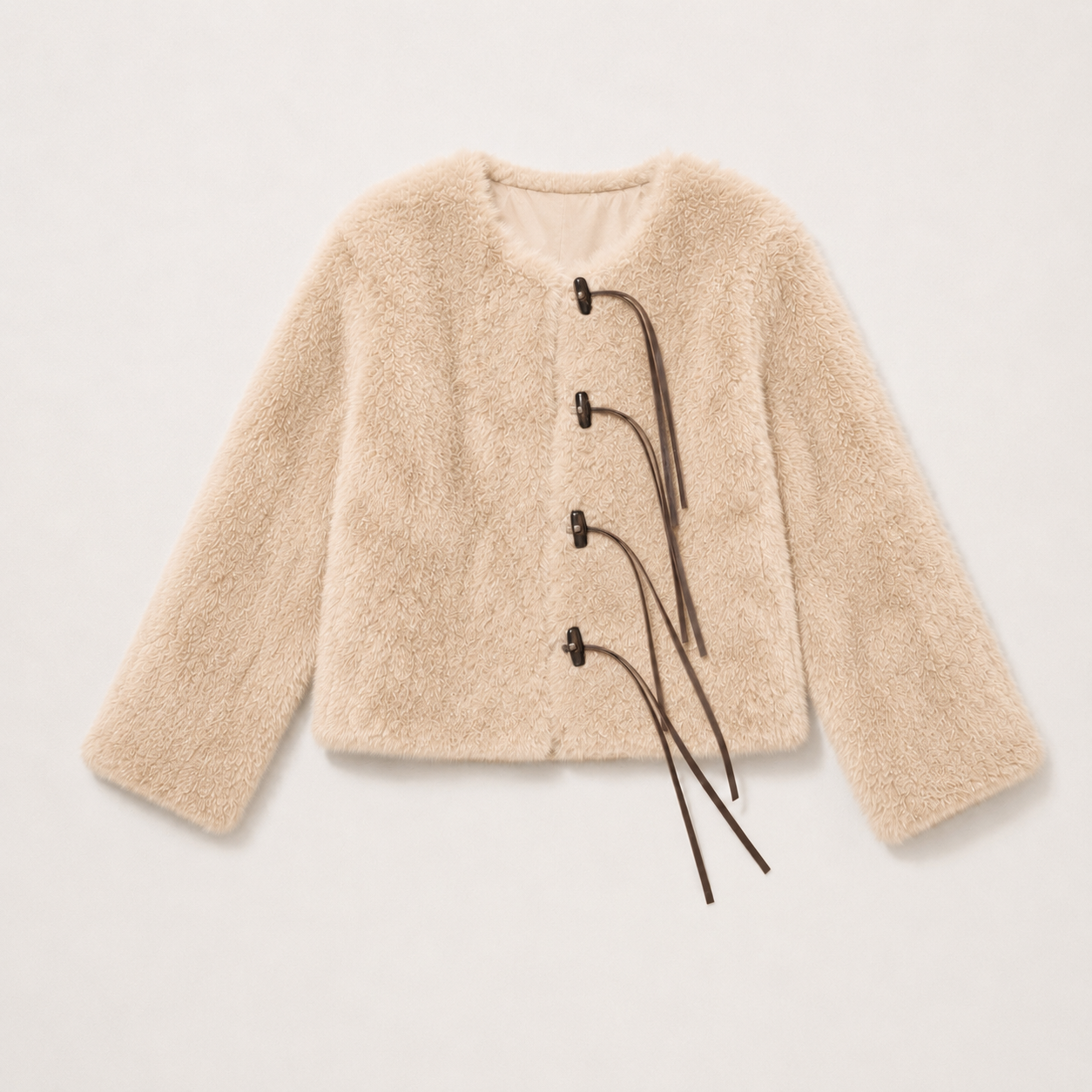 Leather Tie Faux Fur Jacket