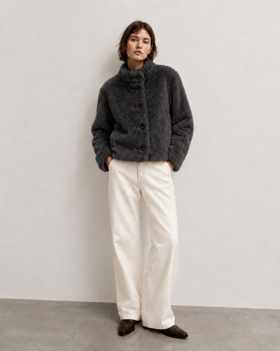 Ruffle Trim Faux Fur Jacket
