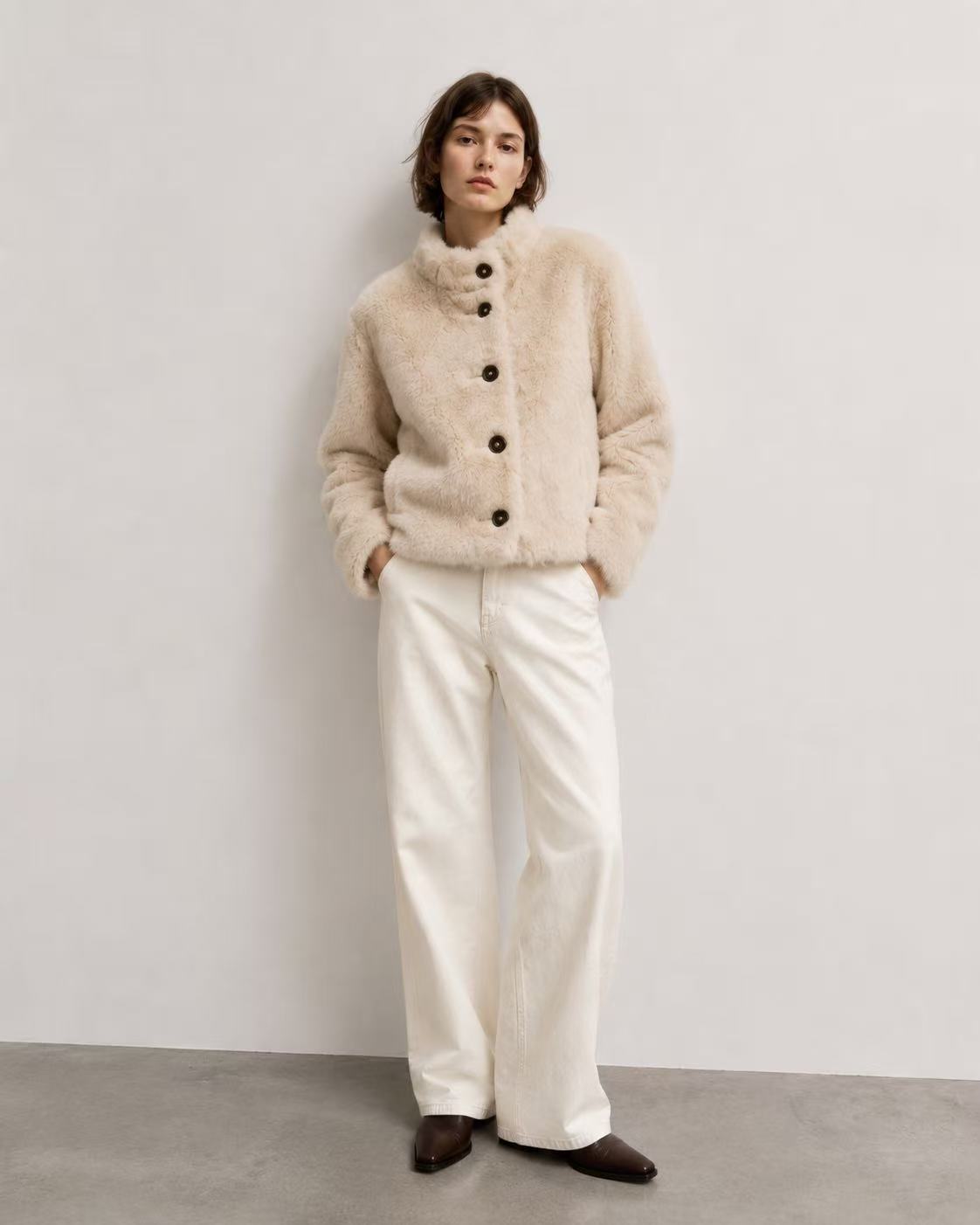 Ruffle Trim Faux Fur Jacket