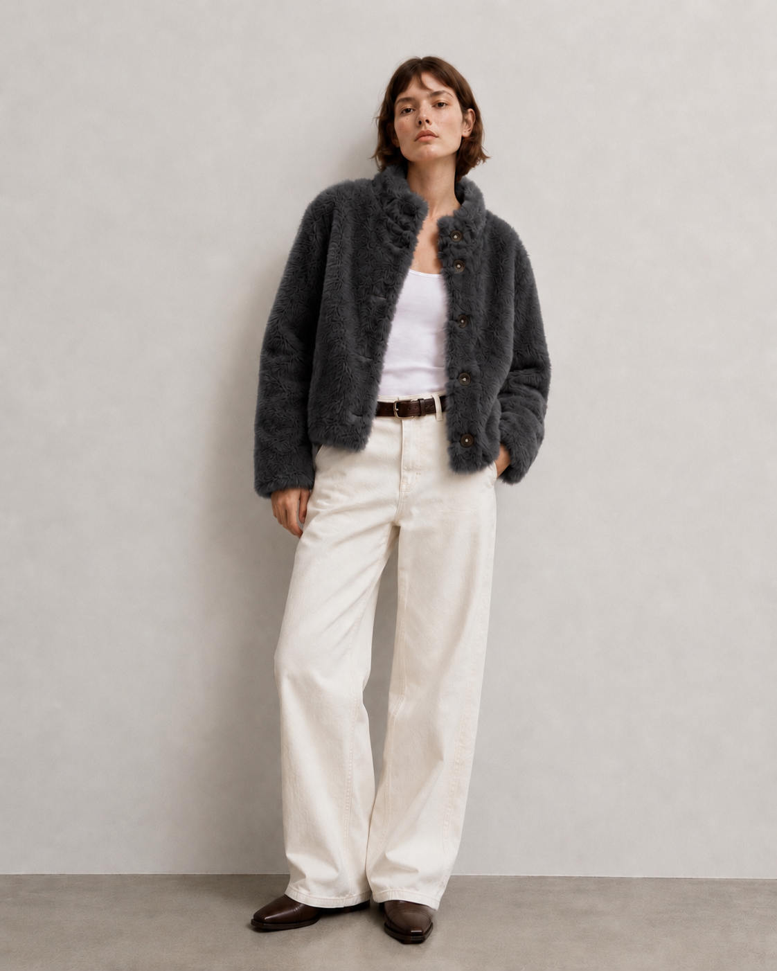 Ruffle Trim Faux Fur Jacket