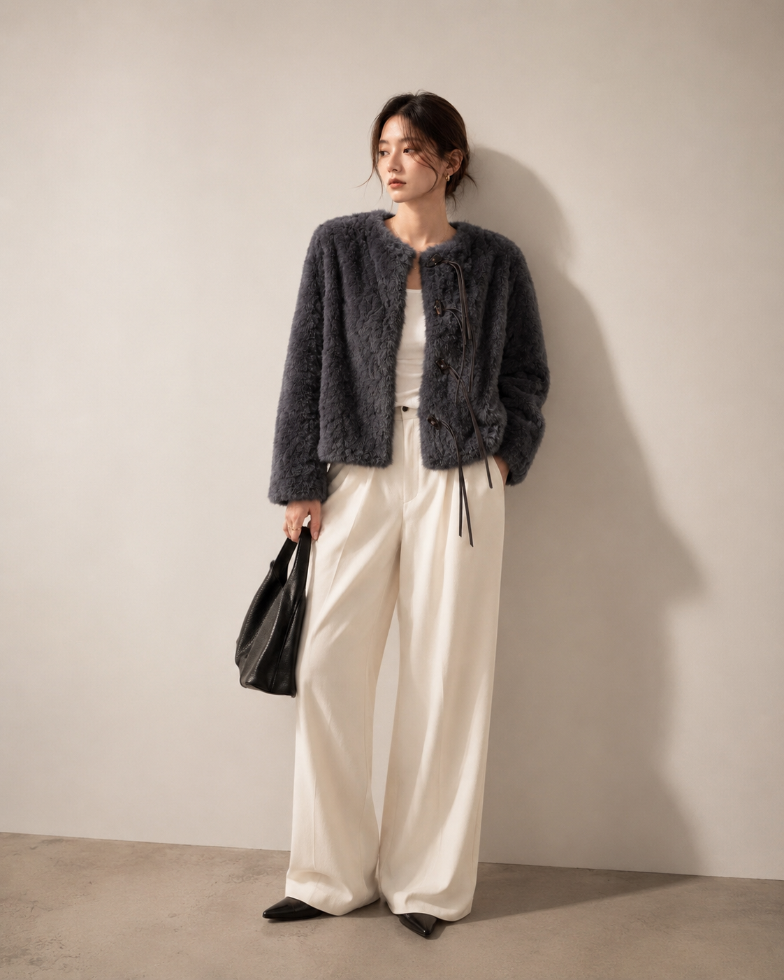Leather Tie Faux Fur Jacket