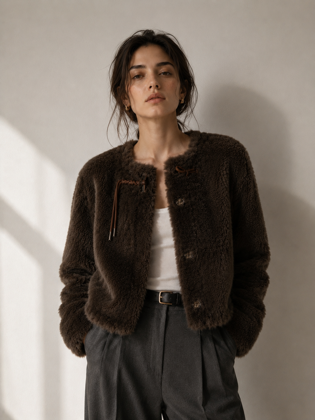 High Pile Tie Faux Fur Jacket