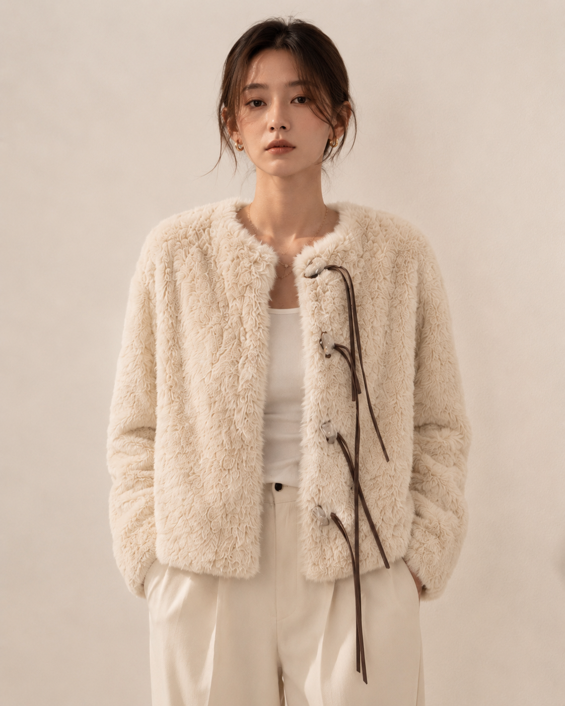 Leather Tie Faux Fur Jacket