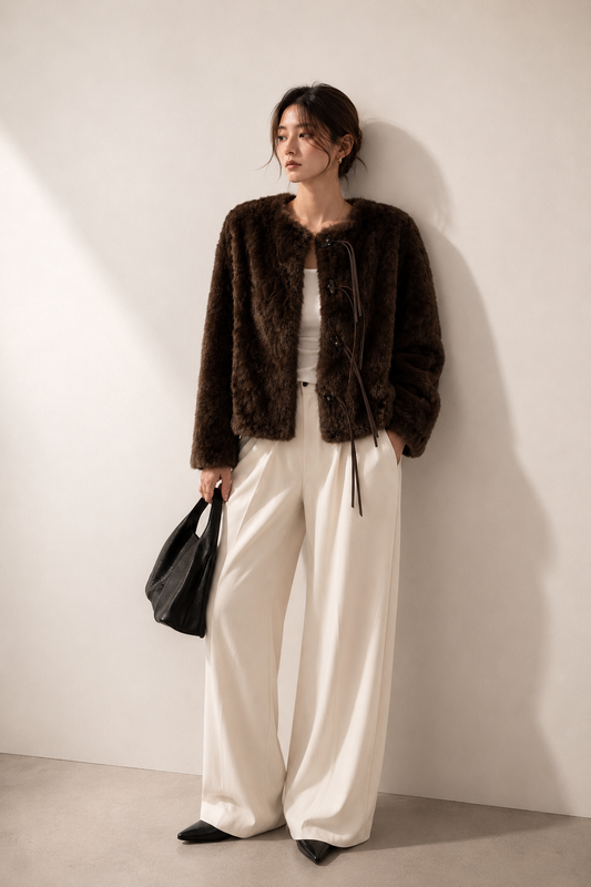 Leather Tie Faux Fur Jacket