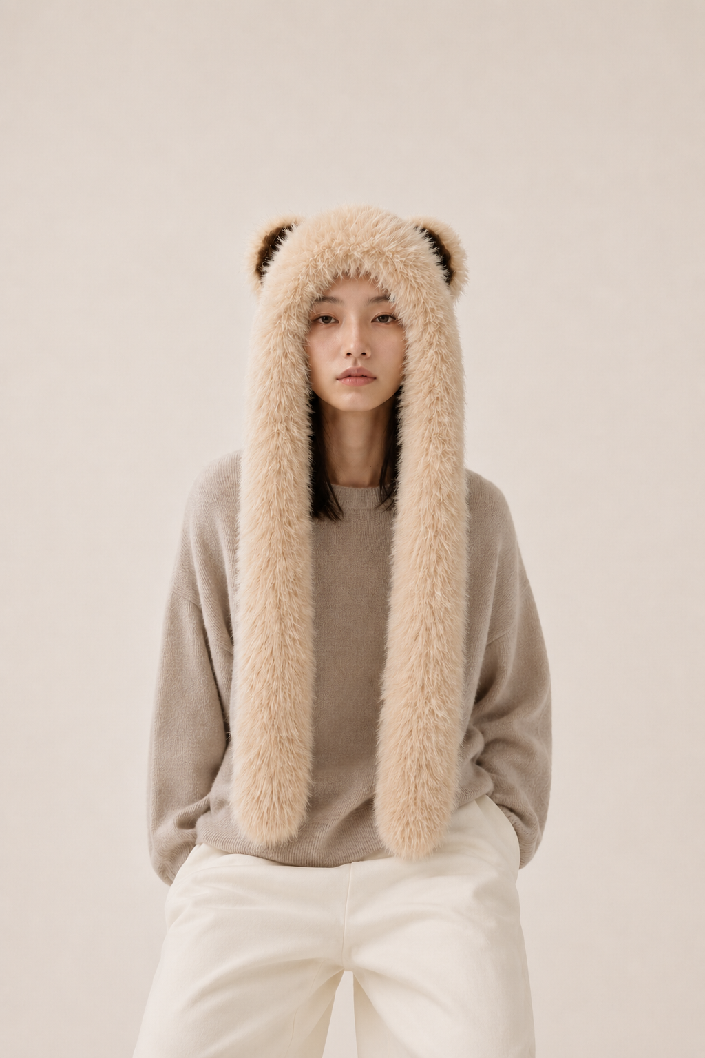 Rounded Ear Long Tail Faux Fur Hat