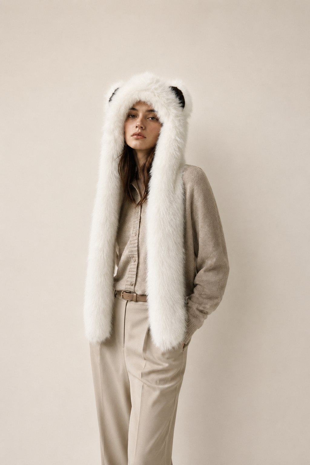 Rounded Ear Long Tail Faux Fur Hat