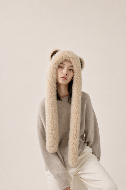 Rounded Ear Long Tail Faux Fur Hat
