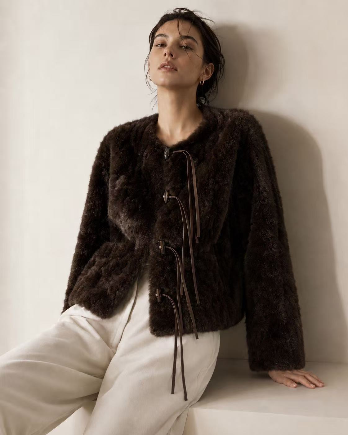 Leather Tie Faux Fur Jacket