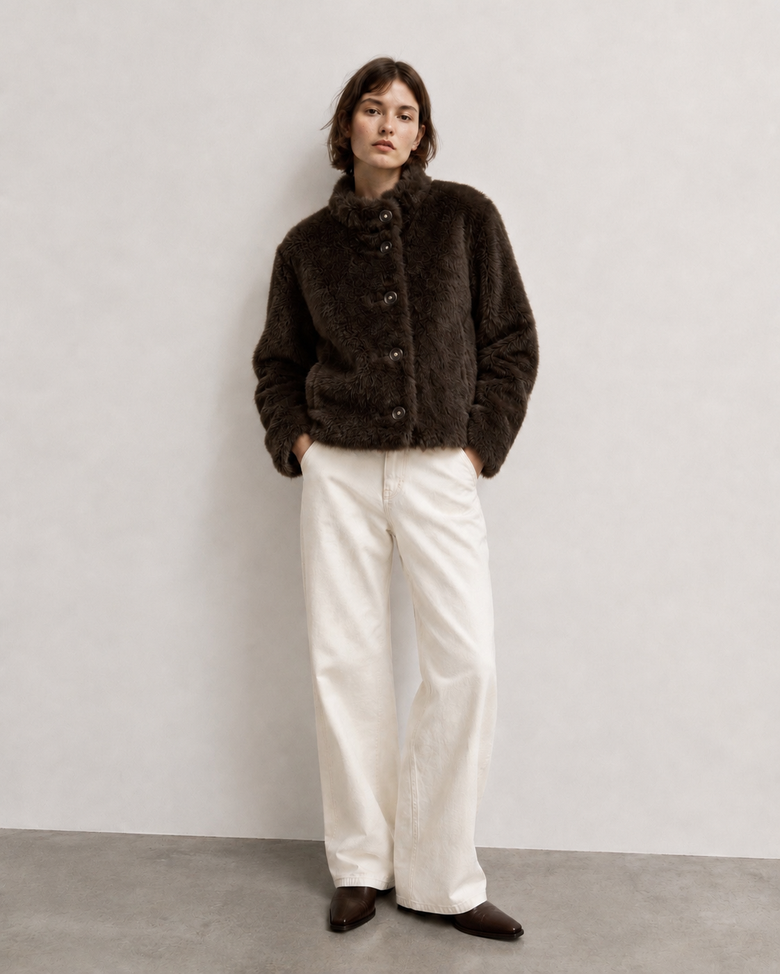 Ruffle Trim Faux Fur Jacket