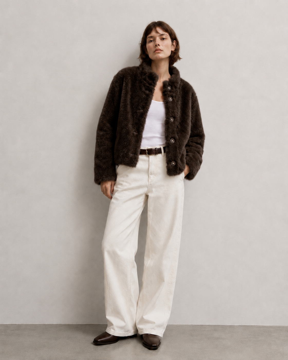 Ruffle Trim Faux Fur Jacket