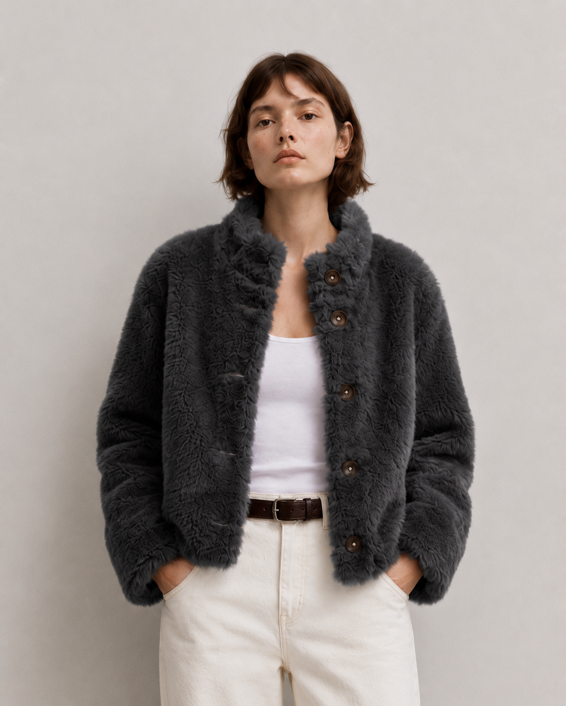 Ruffle Trim Faux Fur Jacket