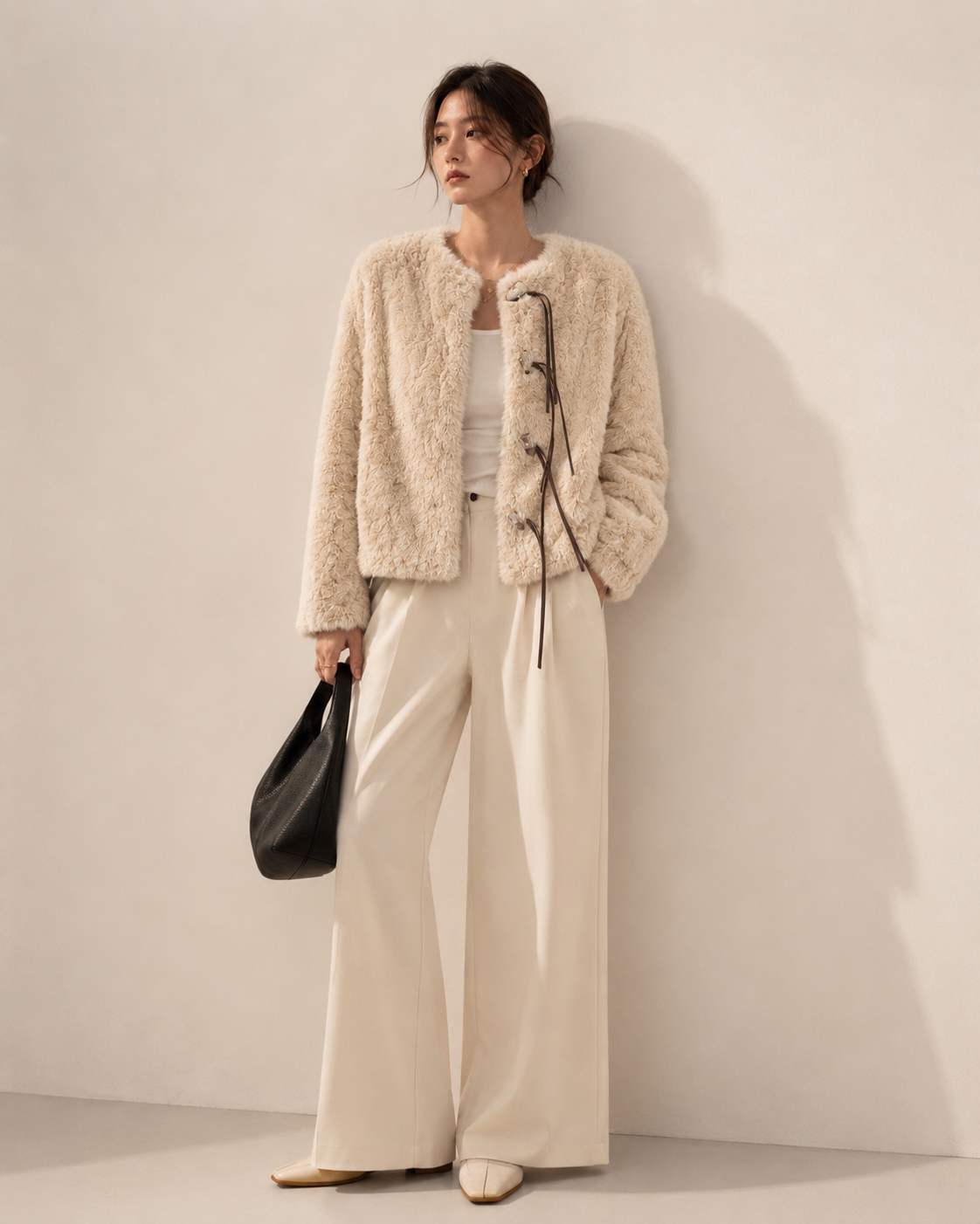 Leather Tie Faux Fur Jacket