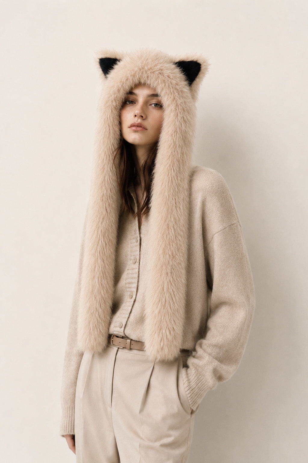 Pointed Ear Long Tail Faux Fur Hat